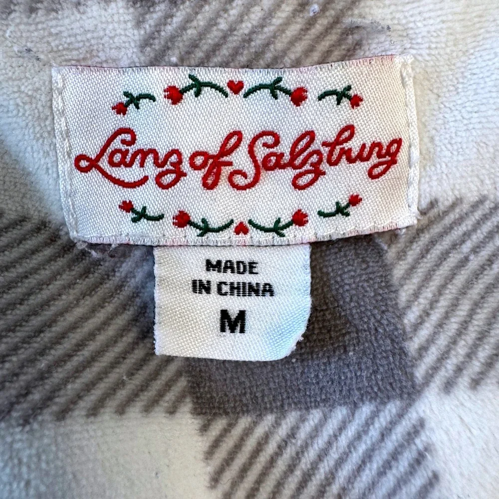 LANZ Of SALZBURG Fleece Long Nightgown MED Gray Plaid Lace Trim Cottage Core